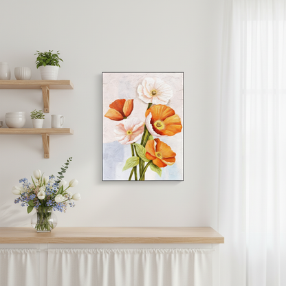 Orange white poppy bouquet oil painting in a Scandinavian kitchen