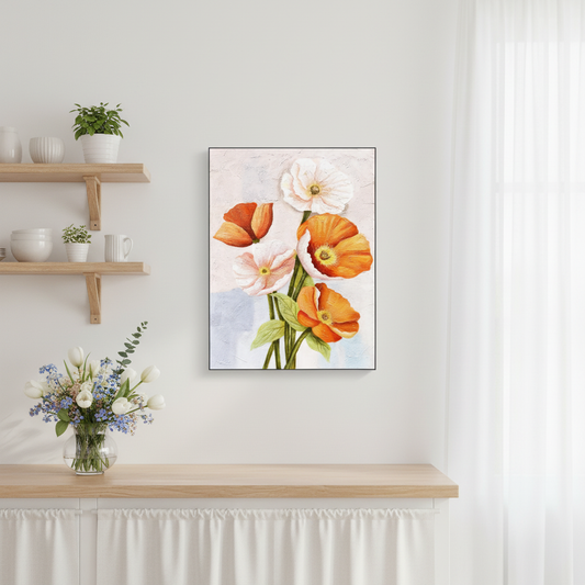 Orange white poppy bouquet oil painting in a Scandinavian kitchen