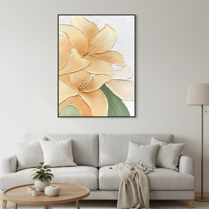 Champagne peach lily oil painting in a Scandinavian living room