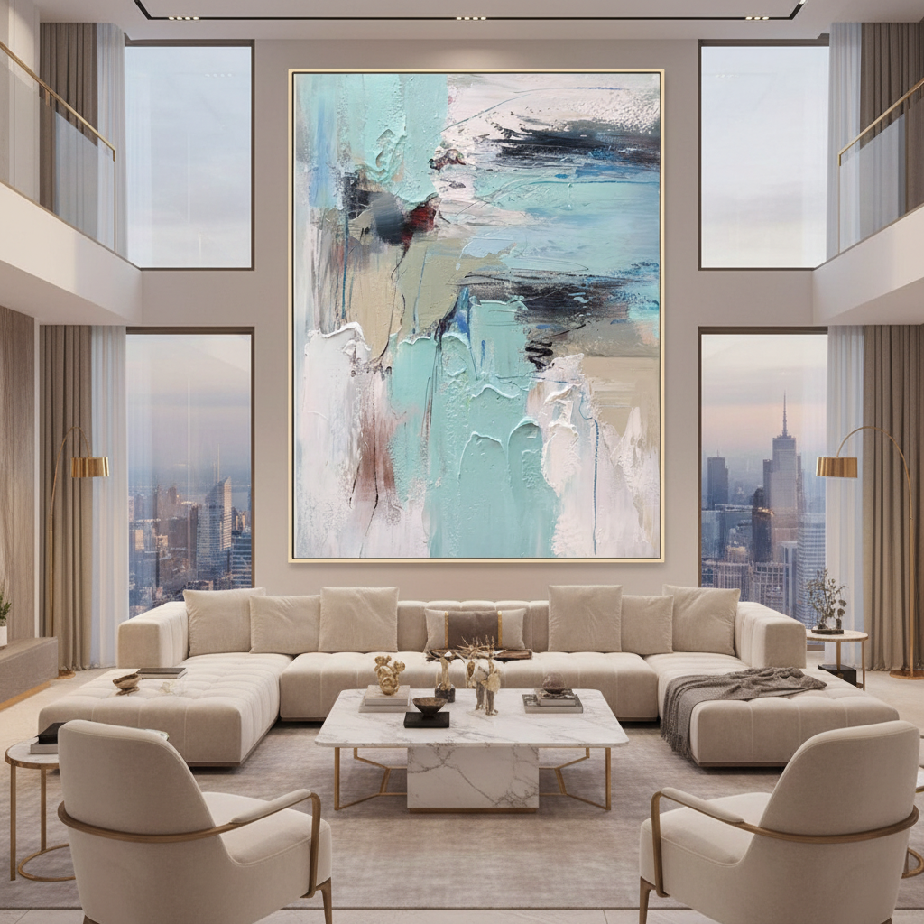 Abstract mint blue water reflection oil painting in a luxury modern living room