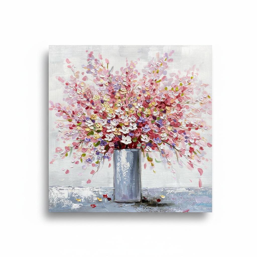 Pink cherry blossom explosion vase impasto oil painting no frame white background