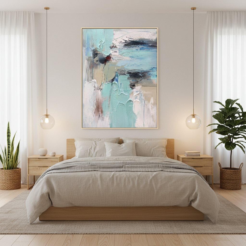 Abstract mint blue water reflection oil painting in a Japandi bedroom