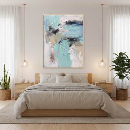 Abstract mint blue water reflection oil painting in a Japandi bedroom