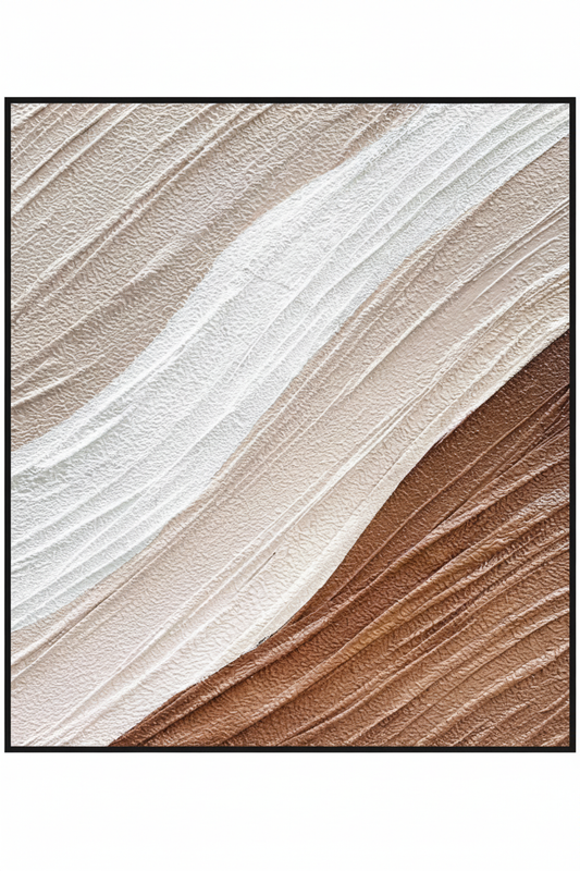 Abstract cream beige copper brown diagonal arc stripe impasto oil painting no frame white background