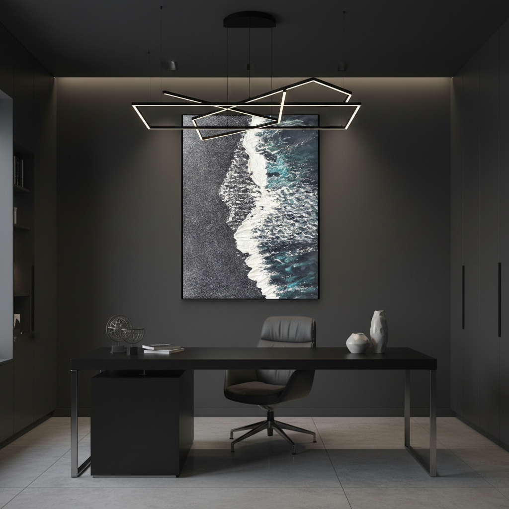 Black sand beach oil painting in a stylish home office