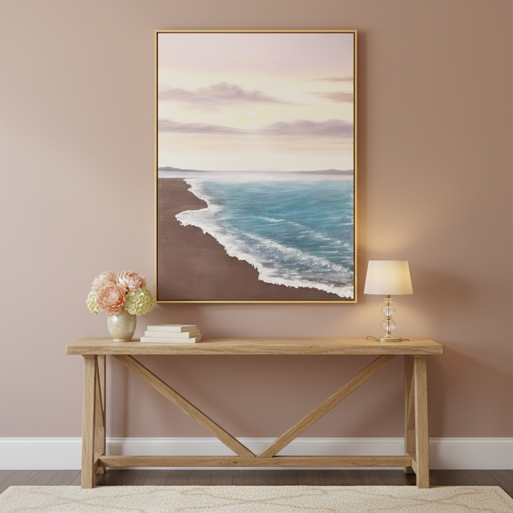 Sunset beach oil painting in an entryway foyer