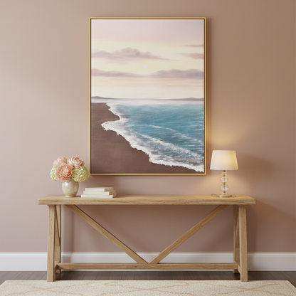 Sunset beach oil painting in an entryway foyer