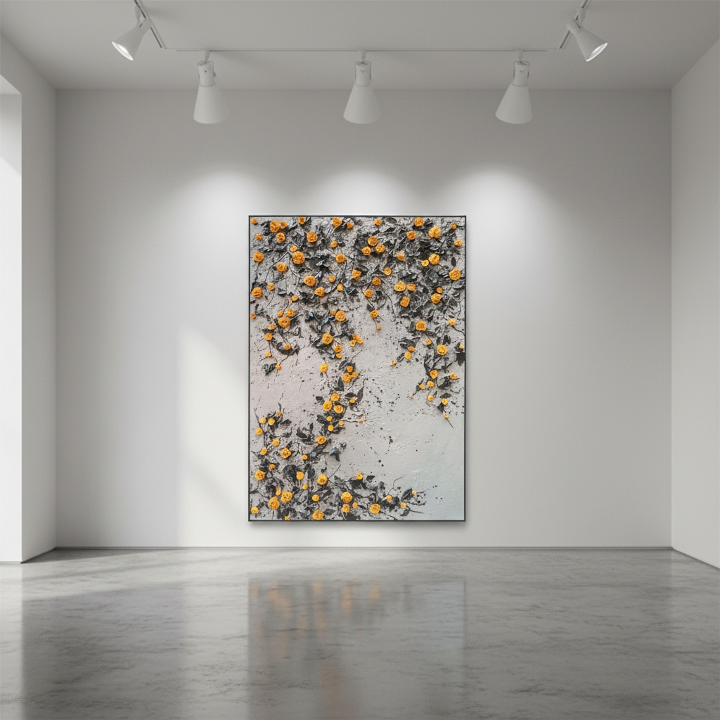 Orange yellow rose vine oil painting in an art gallery