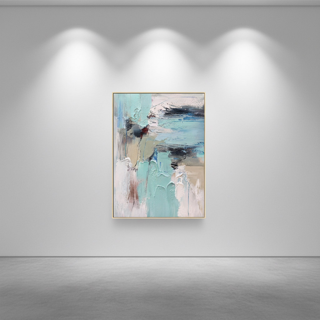 Abstract mint blue water reflection oil painting in an art gallery
