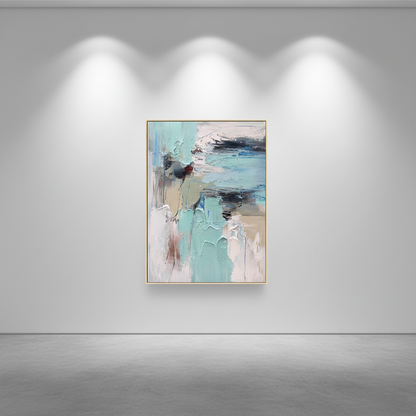 Abstract mint blue water reflection oil painting in an art gallery