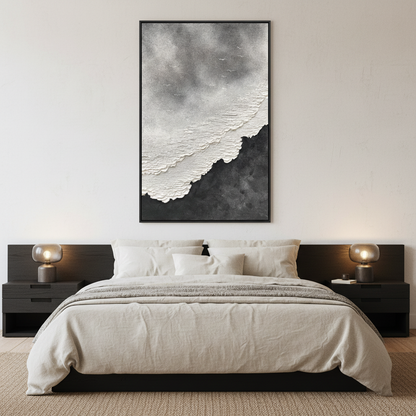 Dark abstract coastal oil painting in a Japandi bedroom