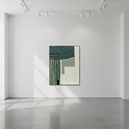 Abstract geometric green white oil painting in an art gallery