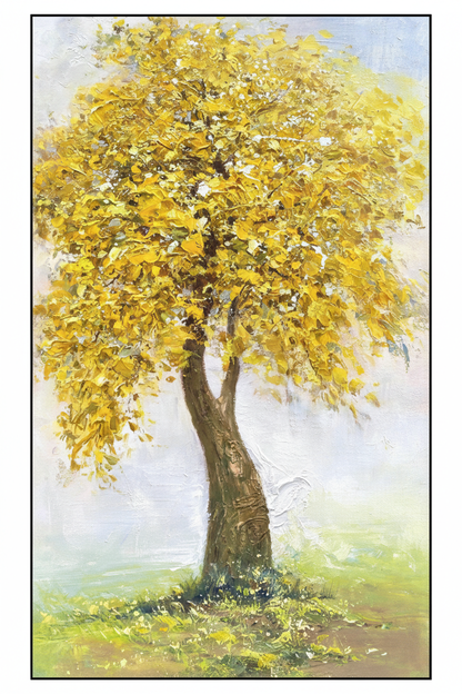 Golden yellow autumn tree impasto oil painting no frame white background