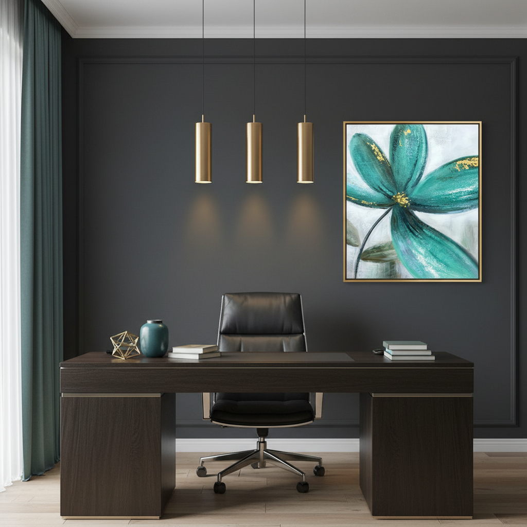 Teal peacock green flower gold accent oil painting in a contemporary dark home office