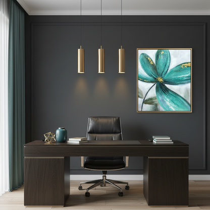 Teal peacock green flower gold accent oil painting in a contemporary dark home office