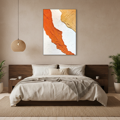 Abstract orange gold river oil painting in a Japandi bedroom