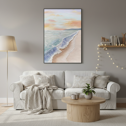 Sunset beach oil painting in a Scandinavian living room