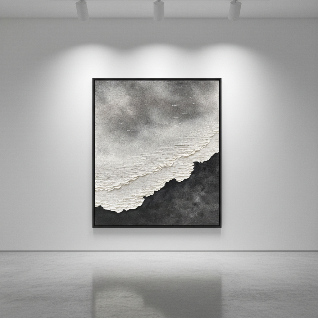 Dark abstract coastal oil painting in an art gallery