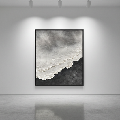 Dark abstract coastal oil painting in an art gallery