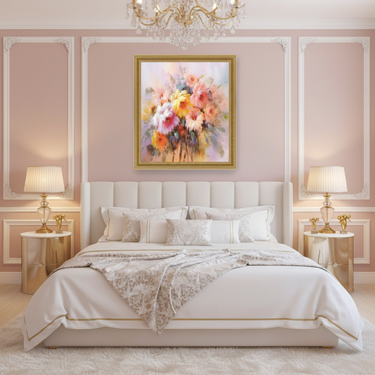 Soft impressionist mixed flower bouquet oil painting in a luxurious feminine bedroom