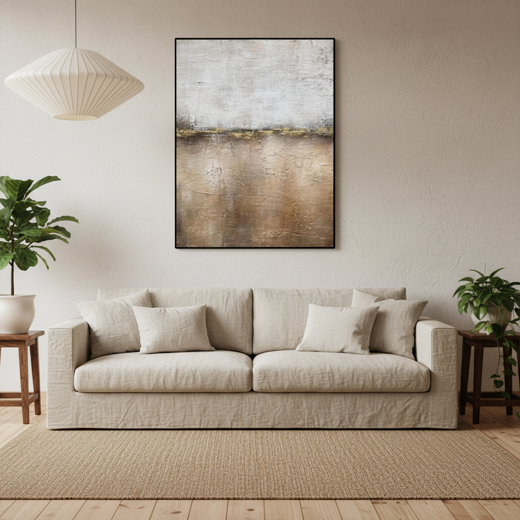 Abstract grey brown horizon landscape oil painting in a Japandi living room