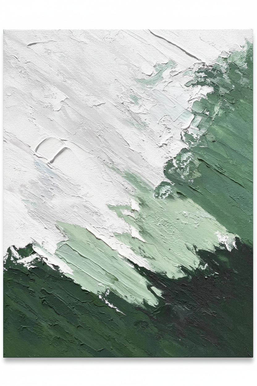 Abstract white sage green forest brushstroke impasto oil painting no frame white background