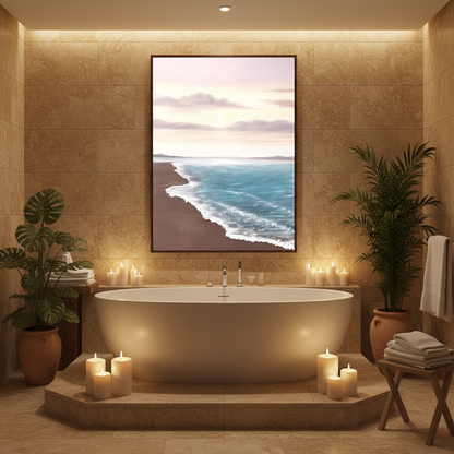 Sunset beach oil painting in a spa bathroom