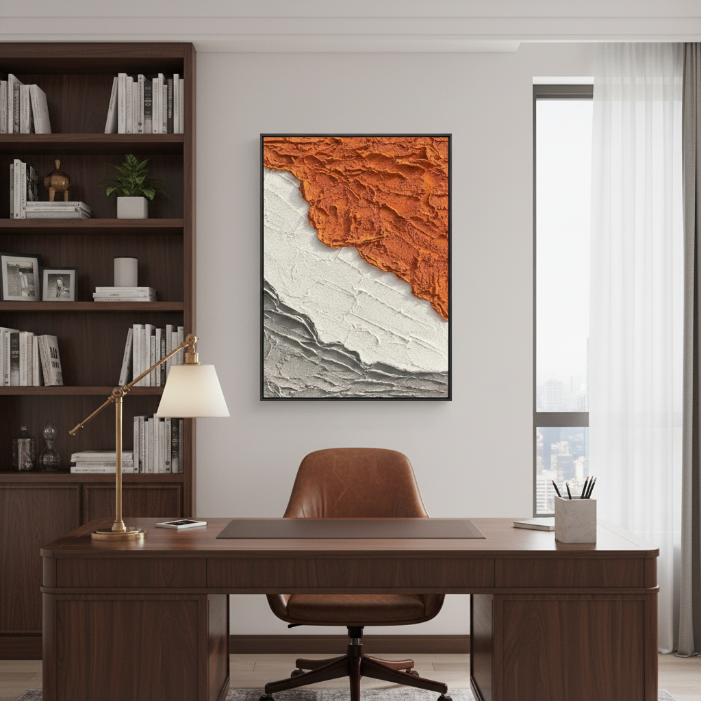 Abstract geological oil painting in a sophisticated home office