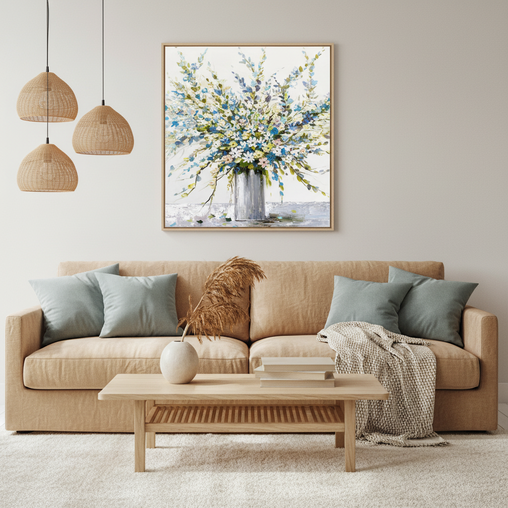 Blue white wildflower bouquet vase oil painting in a Japandi living room