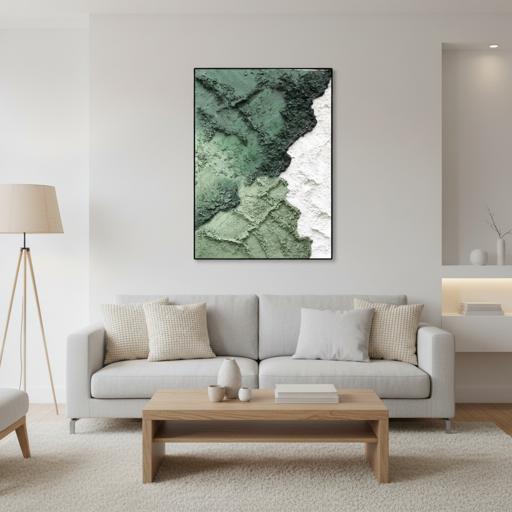 Abstract forest green white cliff oil painting in a Scandinavian living room