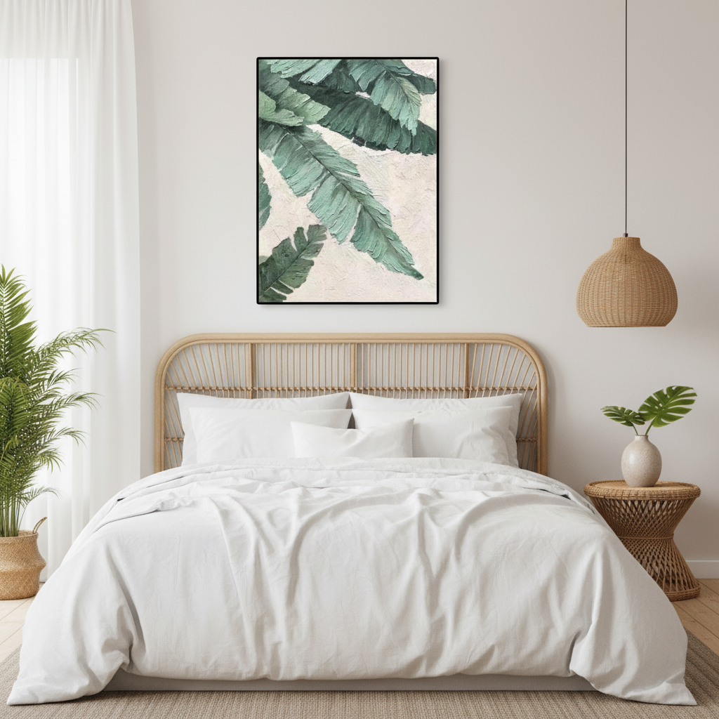 Tropical green banana palm leaf oil painting in a coastal bedroom