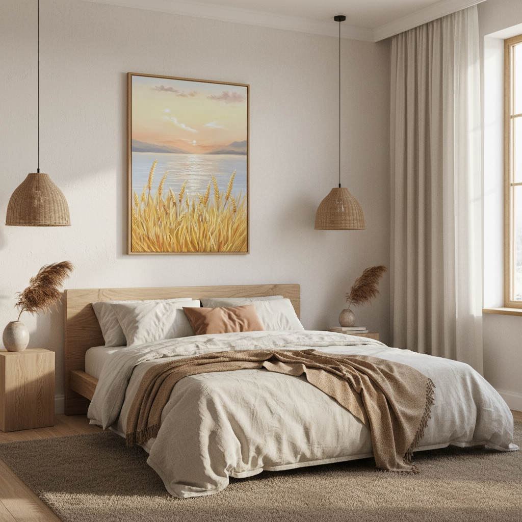 Golden reed lakeside sunset oil painting in a Japandi bedroom