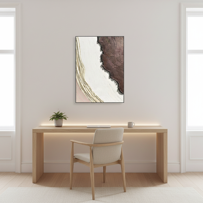 Abstract white chocolate brown tectonic oil painting in a Scandinavian home office