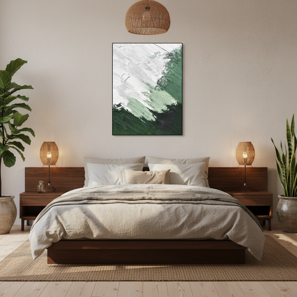 Abstract green white mountain mist oil painting in a Japandi bedroom