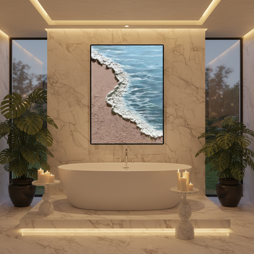Beach shoreline oil painting in a spa bathroom