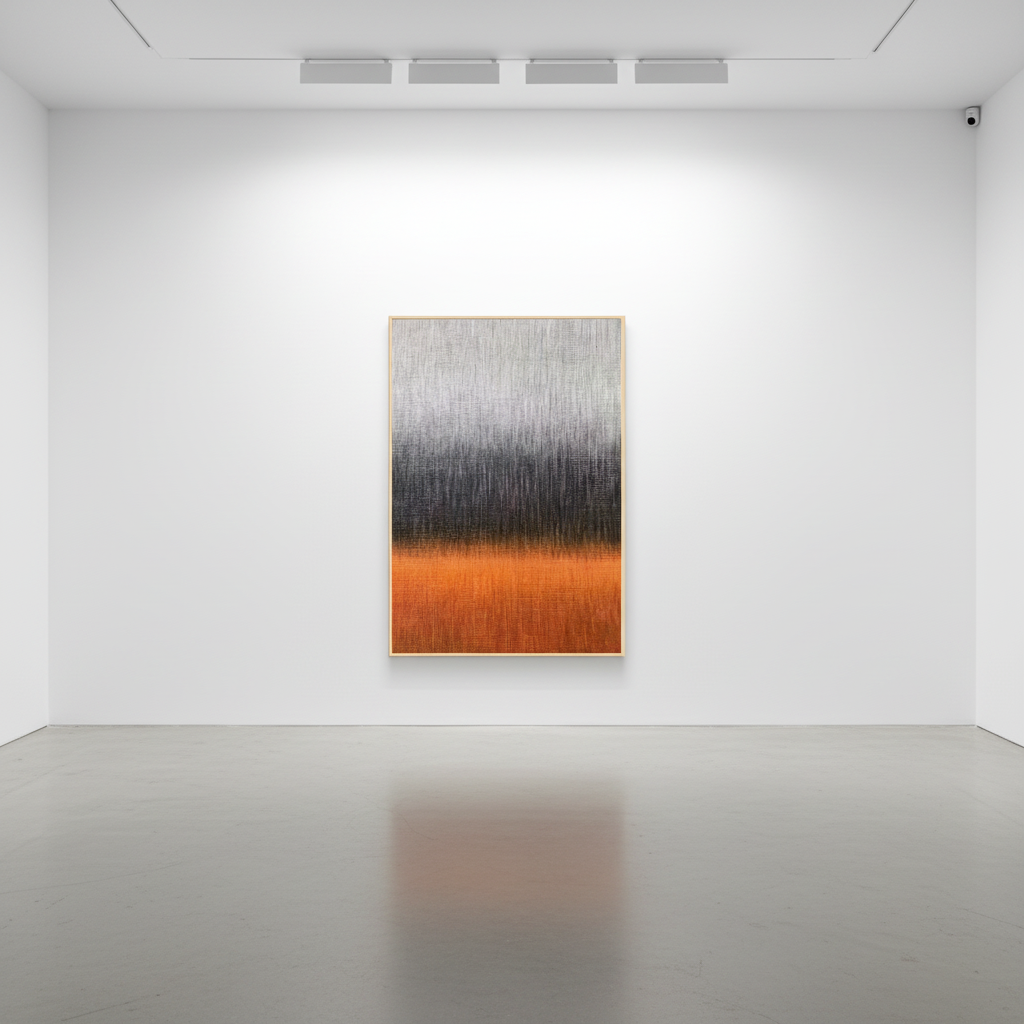 Abstract silver grey orange red storm fire oil painting in an art gallery