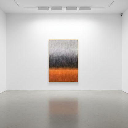 Abstract silver grey orange red storm fire oil painting in an art gallery