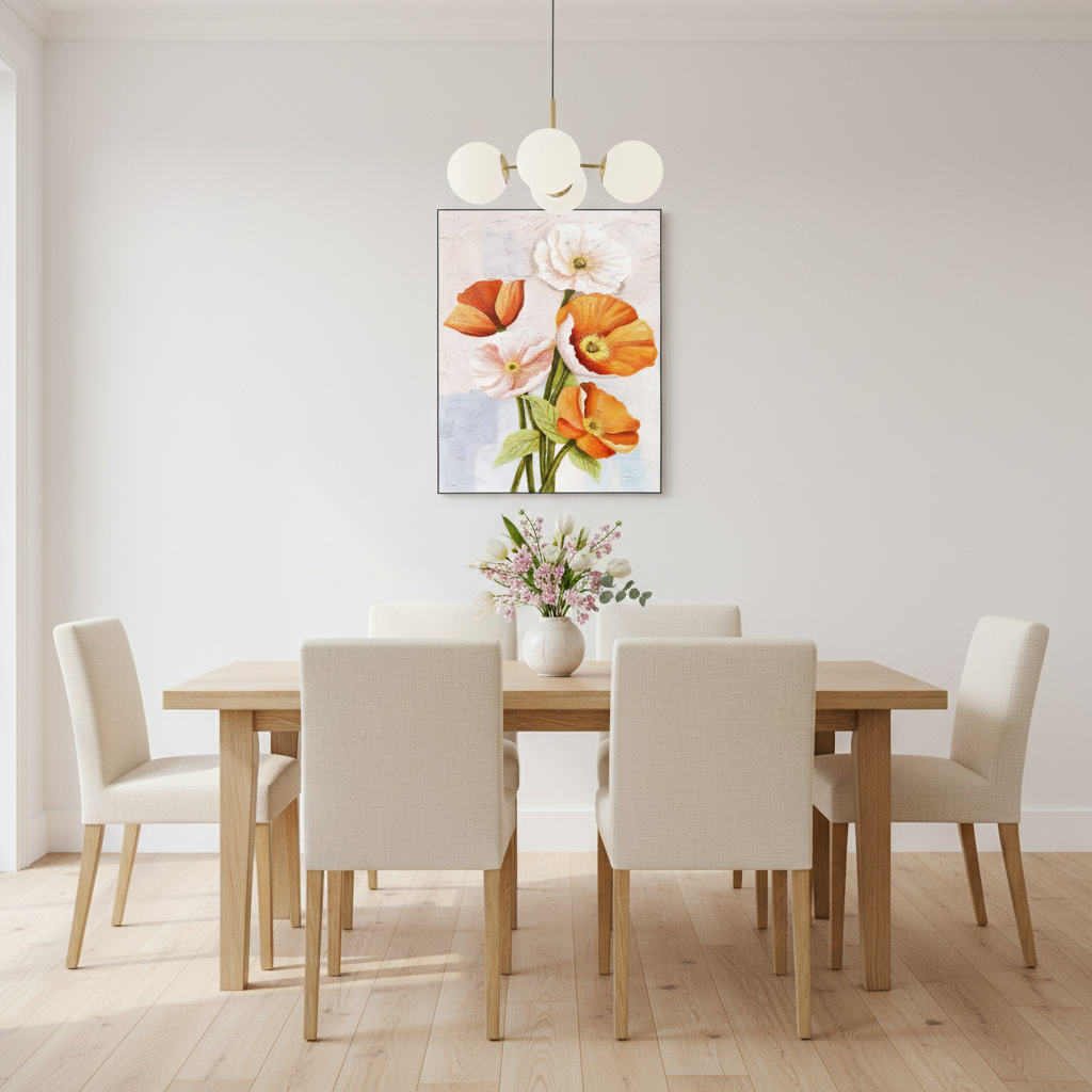 Orange white poppy bouquet oil painting in a Scandinavian dining room