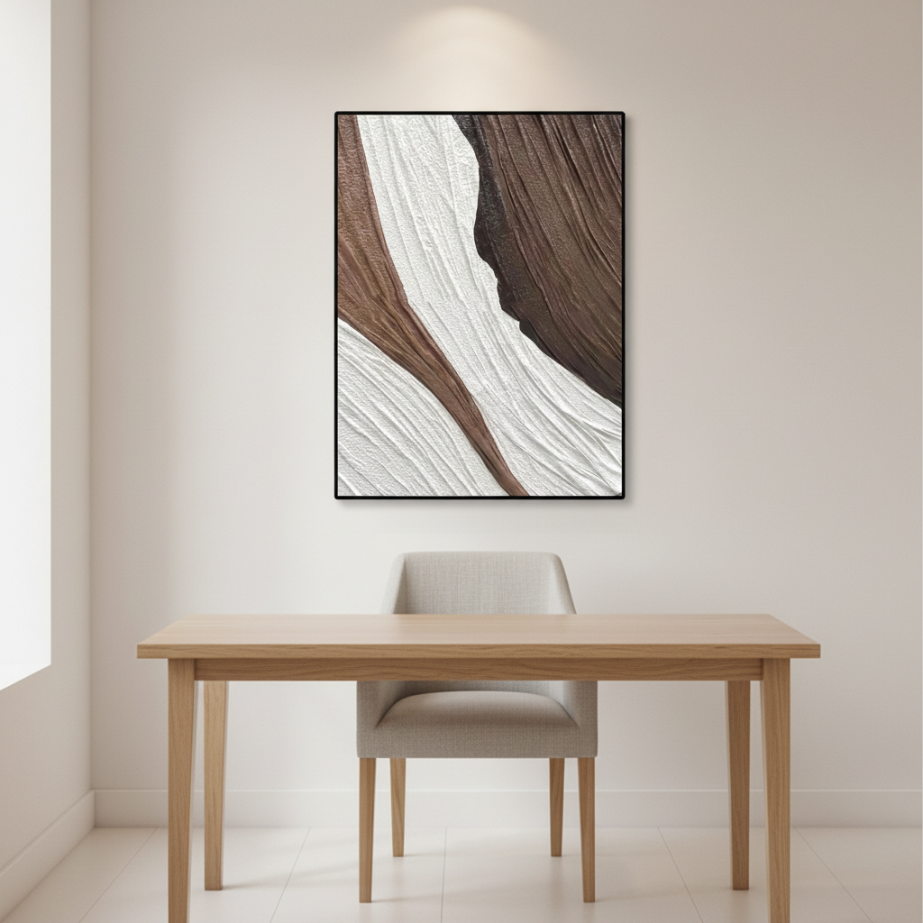 Abstract brown white canyon rock oil painting in a Scandinavian home office
