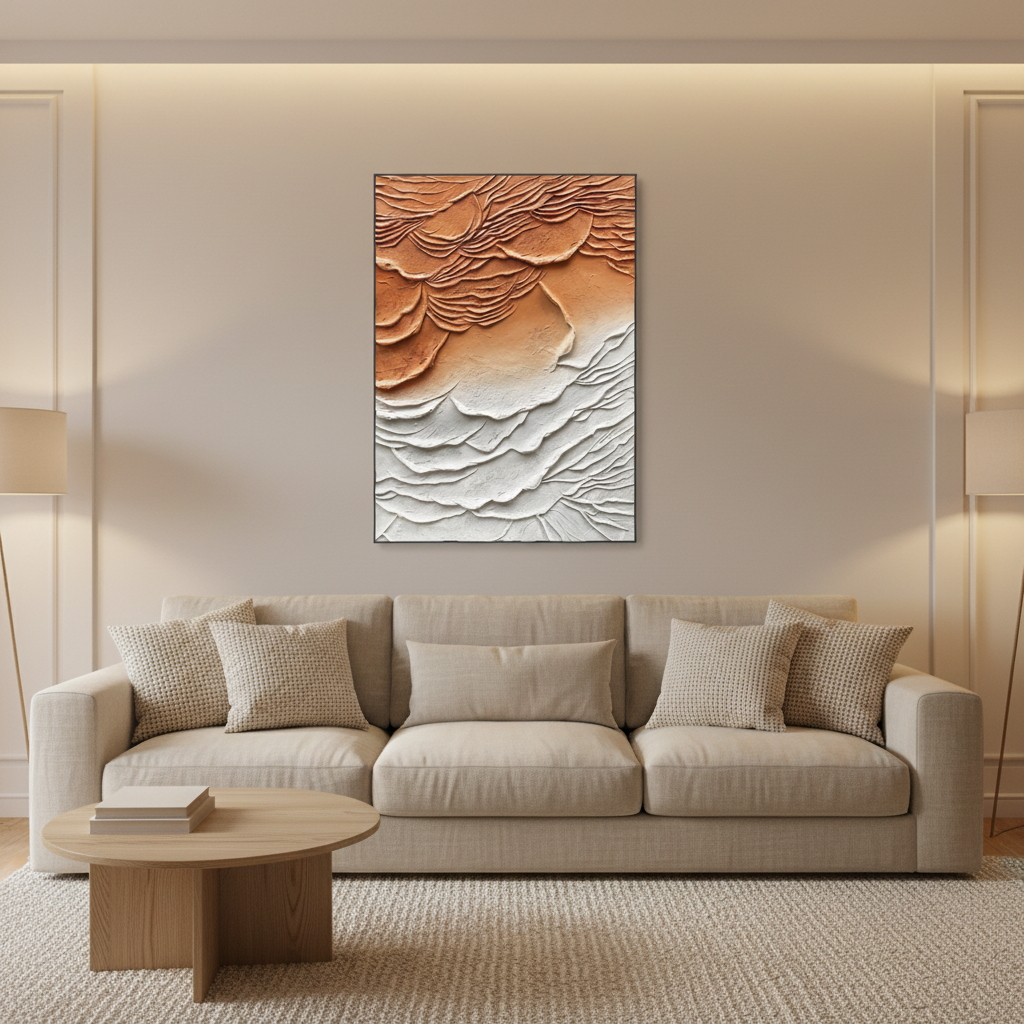 Abstract terracotta orange white cloud dune oil painting in a warm modern living room