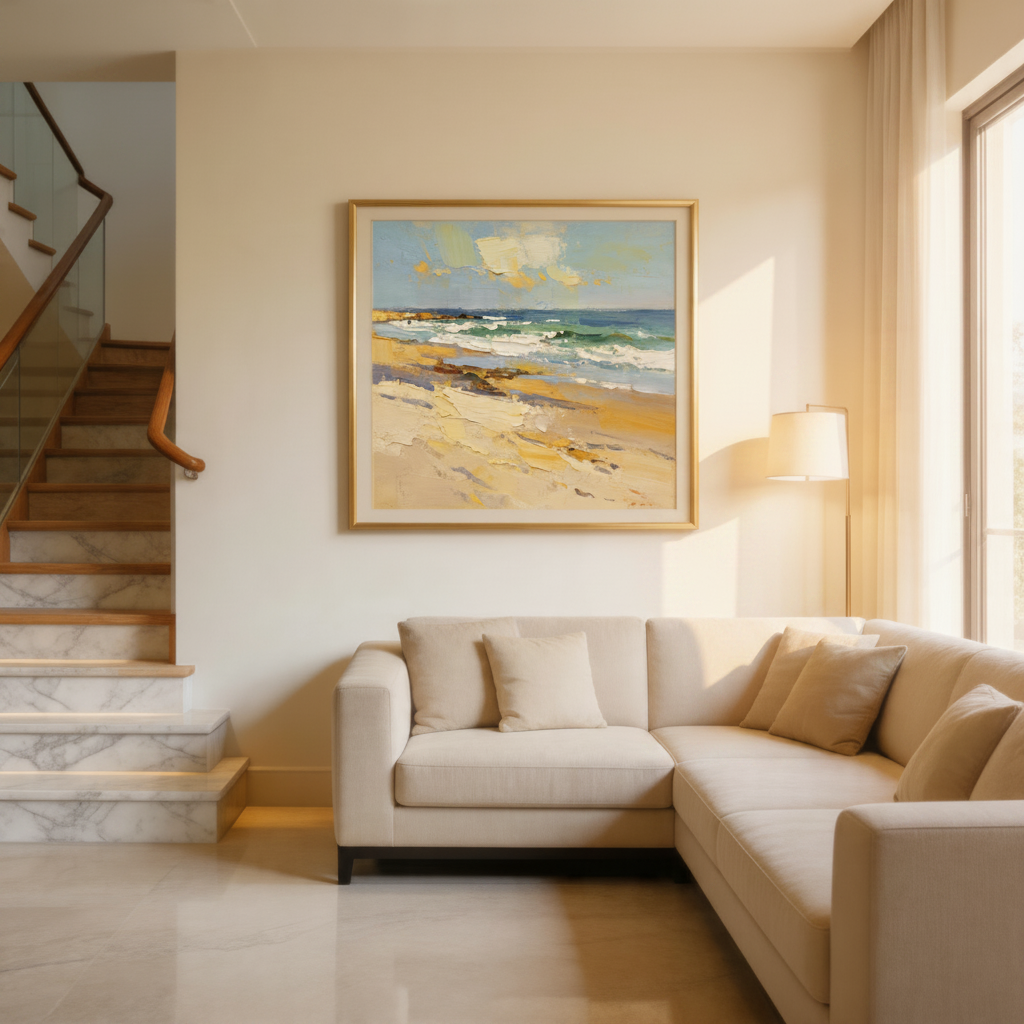 Beach seascape oil painting in a coastal living room