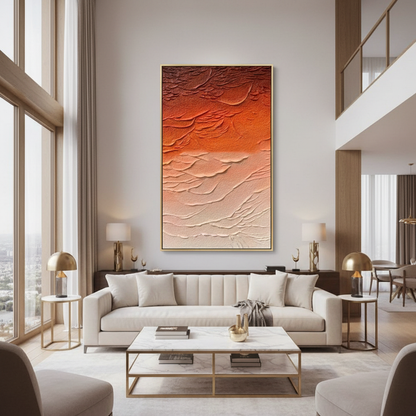 Abstract orange gradient oil painting in a luxury modern living room