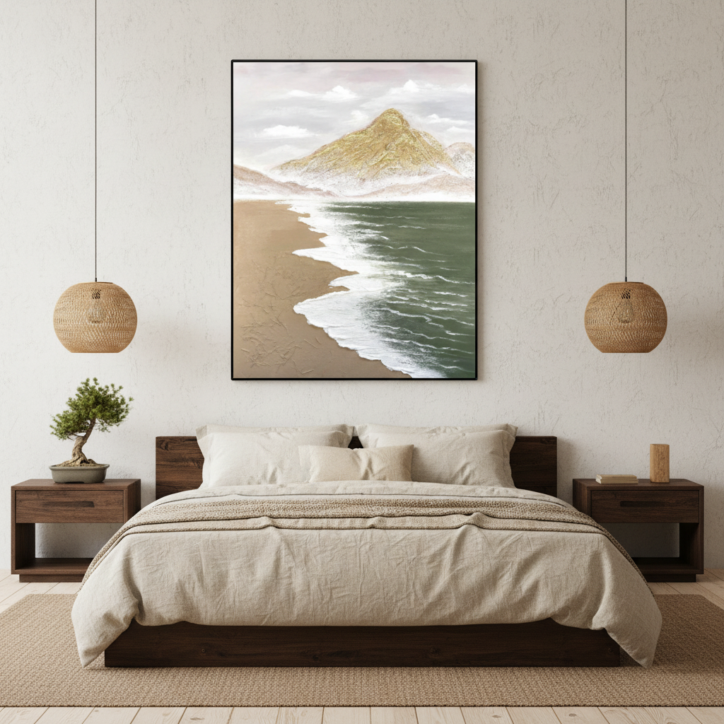 Serene coastal mountain oil painting in a Japandi bedroom