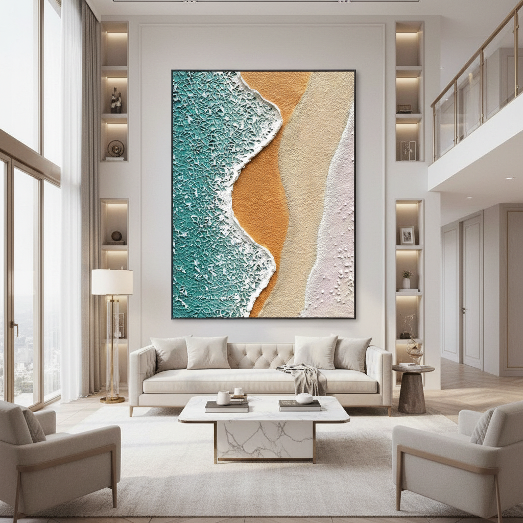 Dual wave beach oil painting in a luxury modern living room
