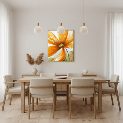 Golden orange flower gold accent oil painting in a Japandi dining room