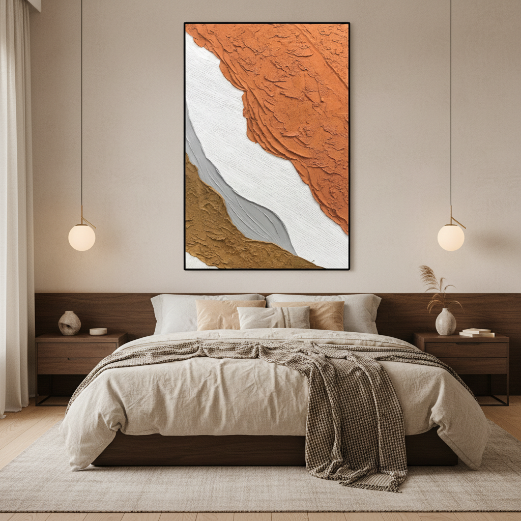 Abstract burnt orange white oil painting in a Japandi bedroom