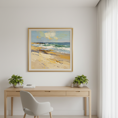 Beach seascape oil painting in a home office