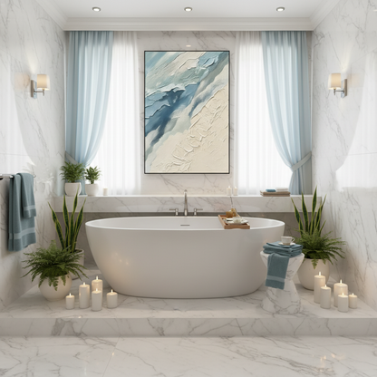 Ocean-inspired abstract oil painting in a luxurious spa bathroom