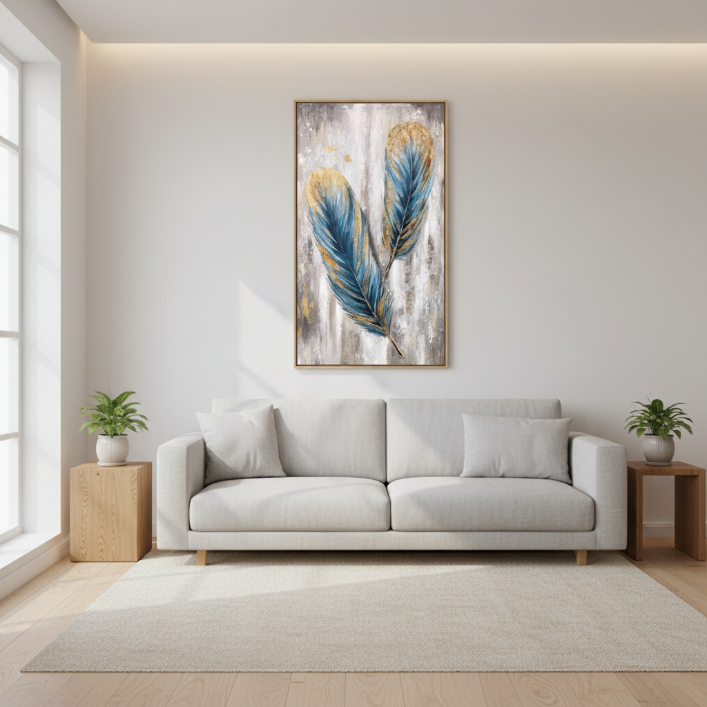 Teal blue gold feather duo oil painting in a Scandinavian living room
