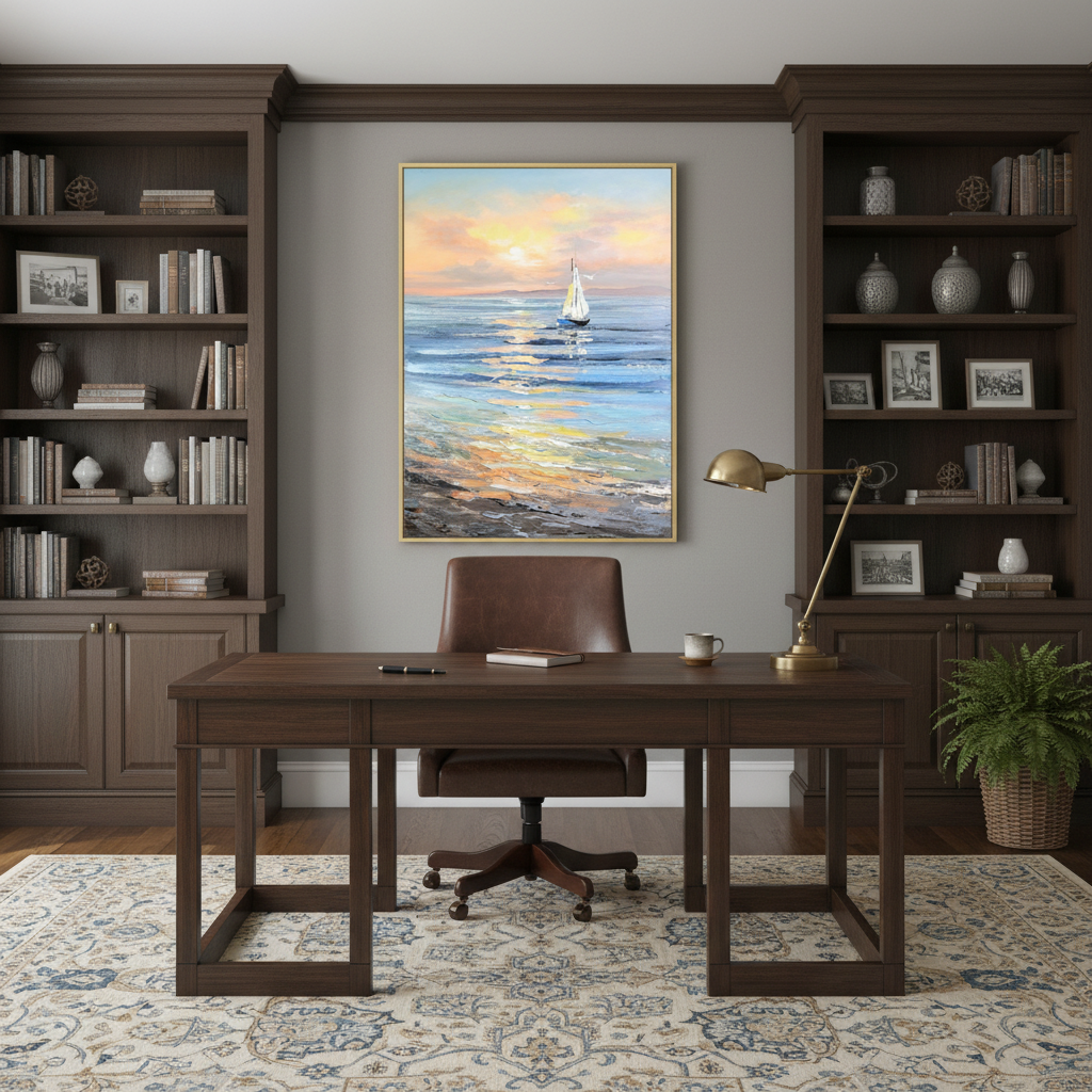 Sunrise sailboat seascape oil painting in a sophisticated home office